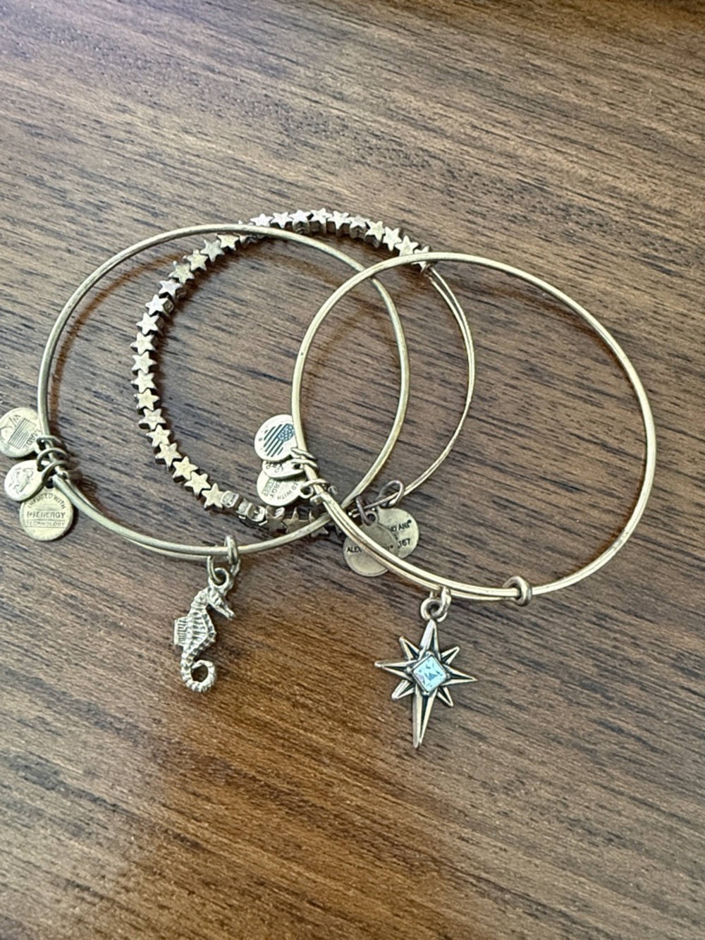 Alex and Ani Gold Tone Seahorse & Starburst Charm Bangle Trio